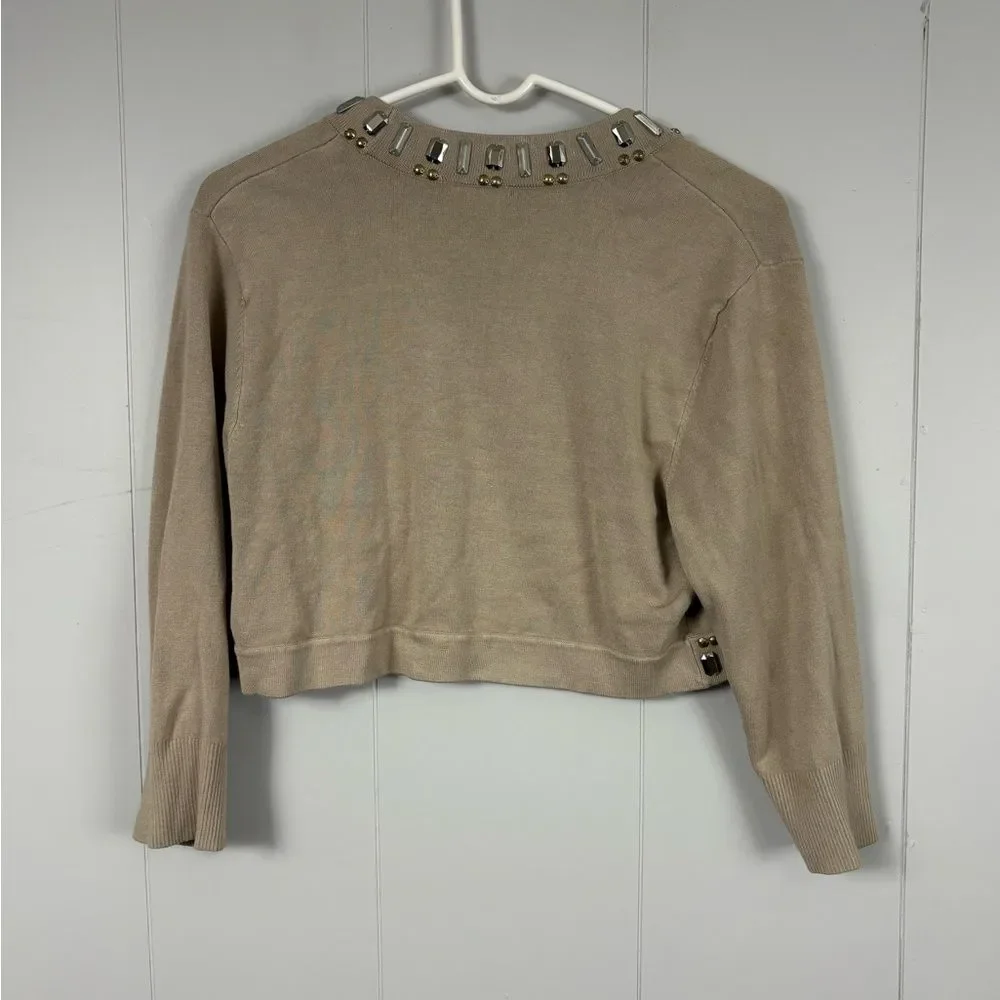 Cache Vintage Y2K Tan Beaded Crop Cardigan Large Workwear Casual Old Money